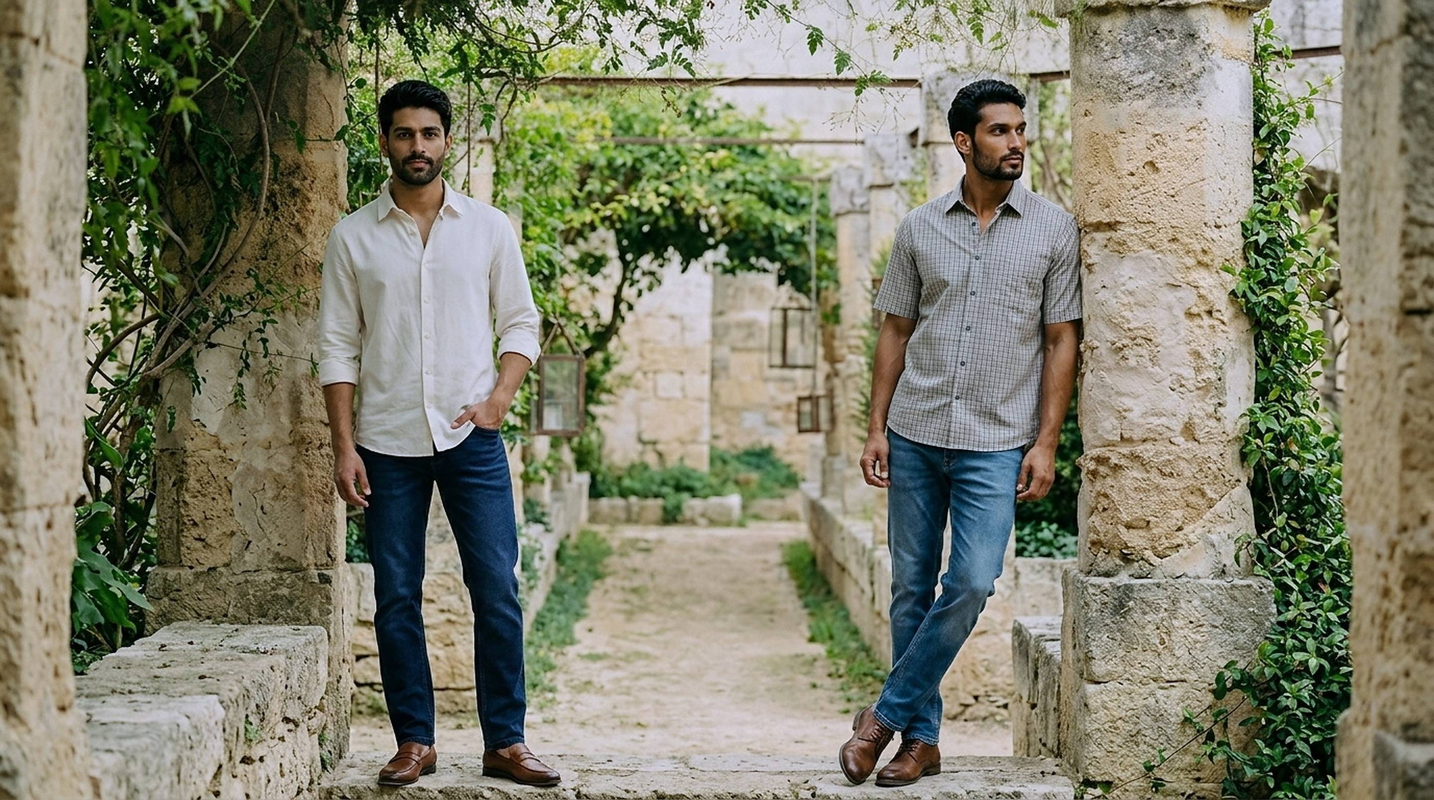 Two men in Thunder shirts and jeans in a stone garden courtyard