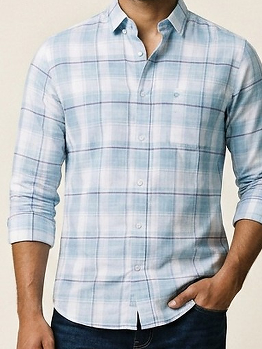 Thunder full sleeve shirt — pale blue check, worn open over denim