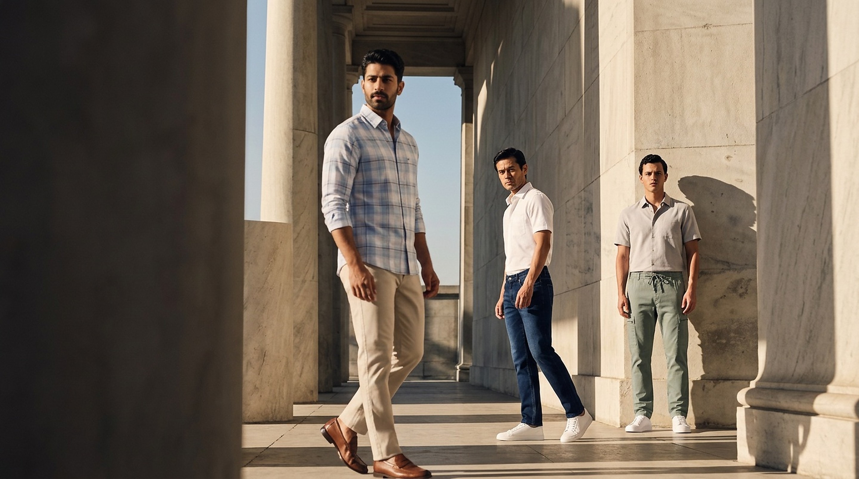 Thunder menswear — checked shirt, dark wash jeans and pista cargo trousers